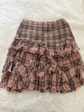 Free People Pink and Brown Plaid Ruffled Mini Skirt